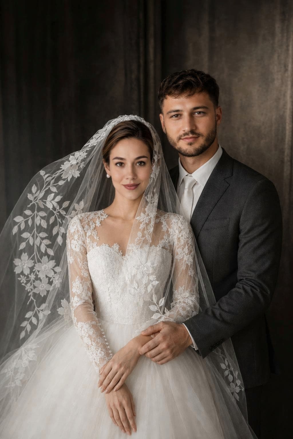 AI-generated wedding portrait, dark studio with lace veil