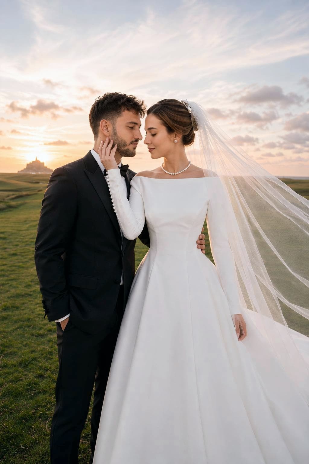 AI-generated wedding portrait, Mont-Saint-Michel at sunset