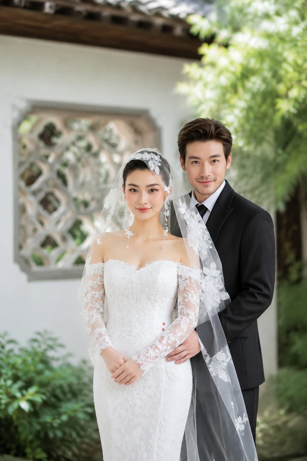 Lace gown, curved tile roof, and bamboo shade