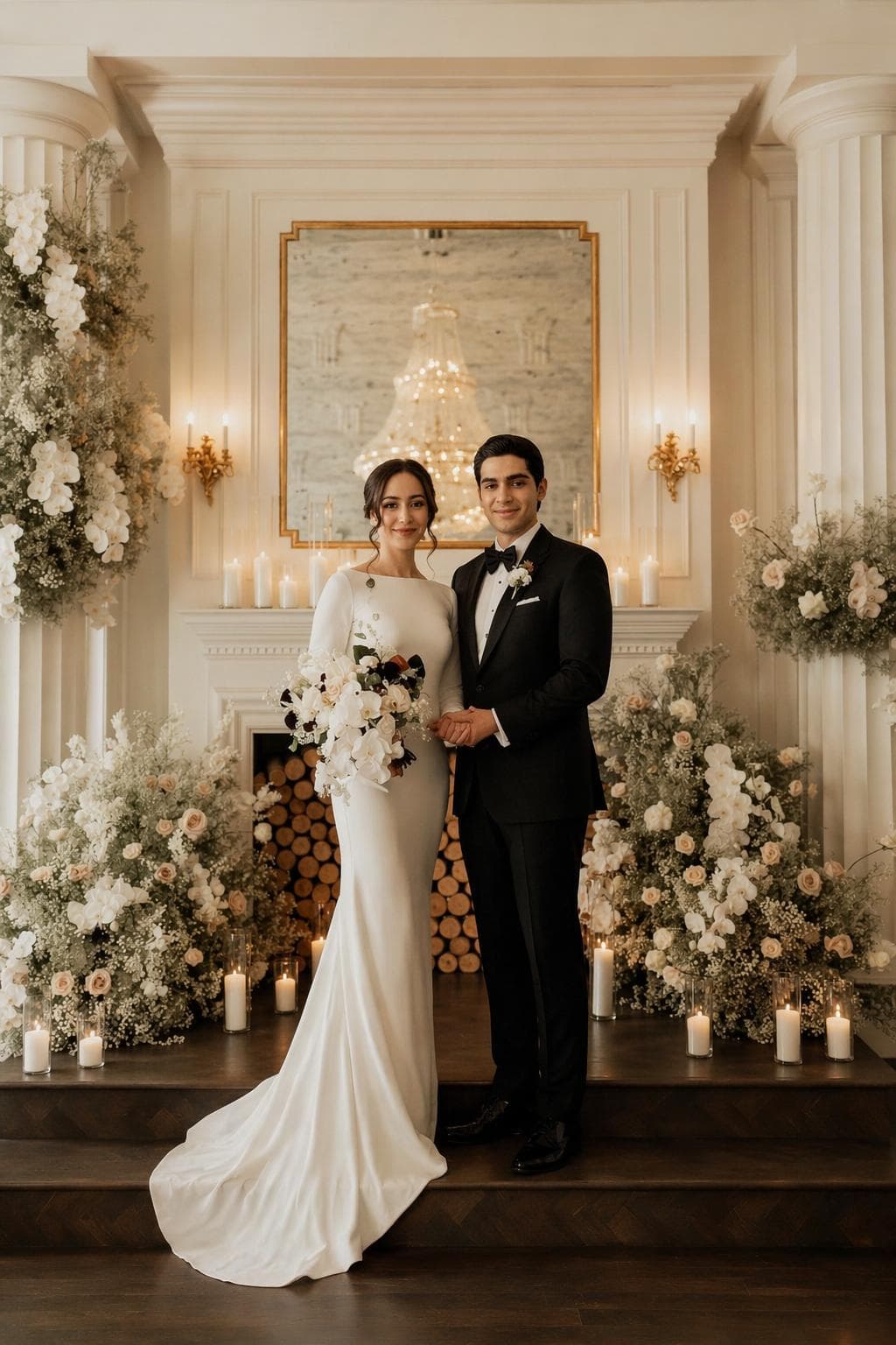 Elegant Fireplace Portrait — AI wedding portrait sample