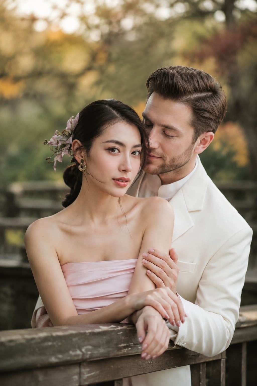 Autumn garden couple portraits of a couple embracing beside a wooden railing in turning leaves