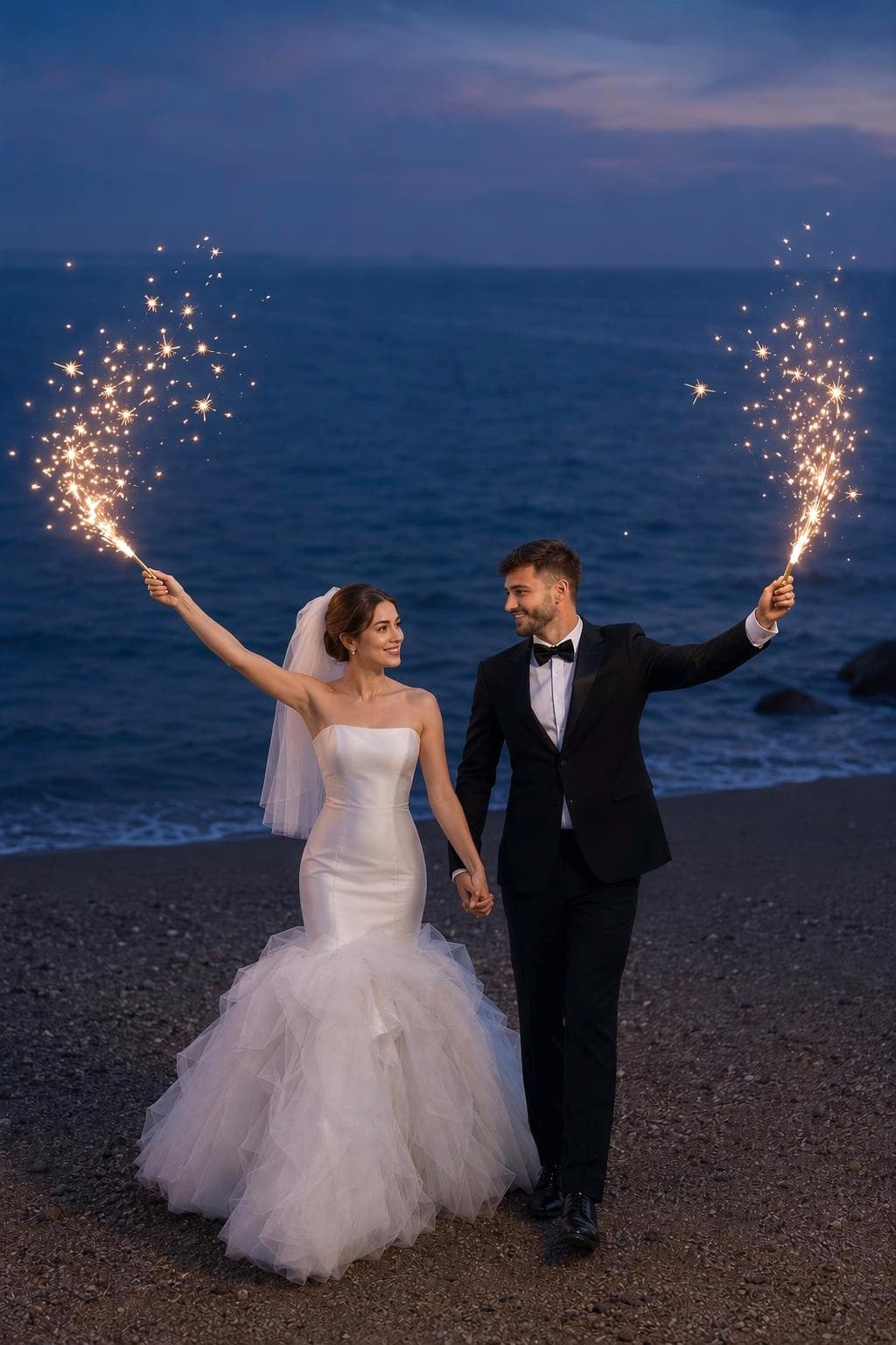 AI-generated wedding portrait, beach sparklers at dusk