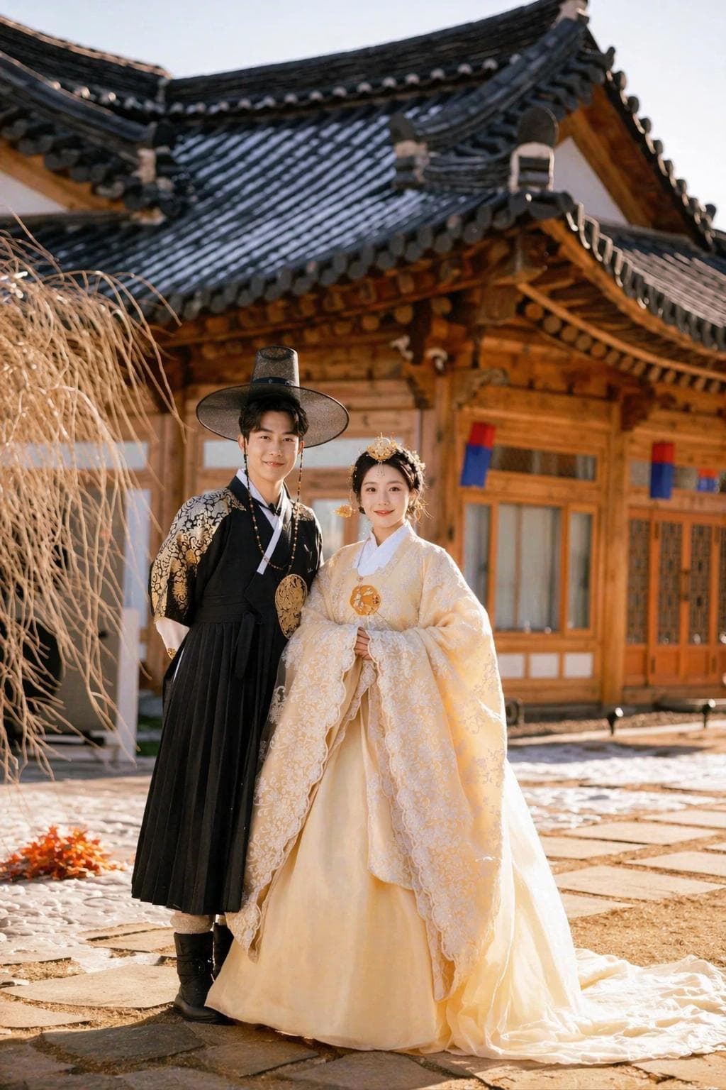 Elegant hanbok before a classic tiled-roof hanok