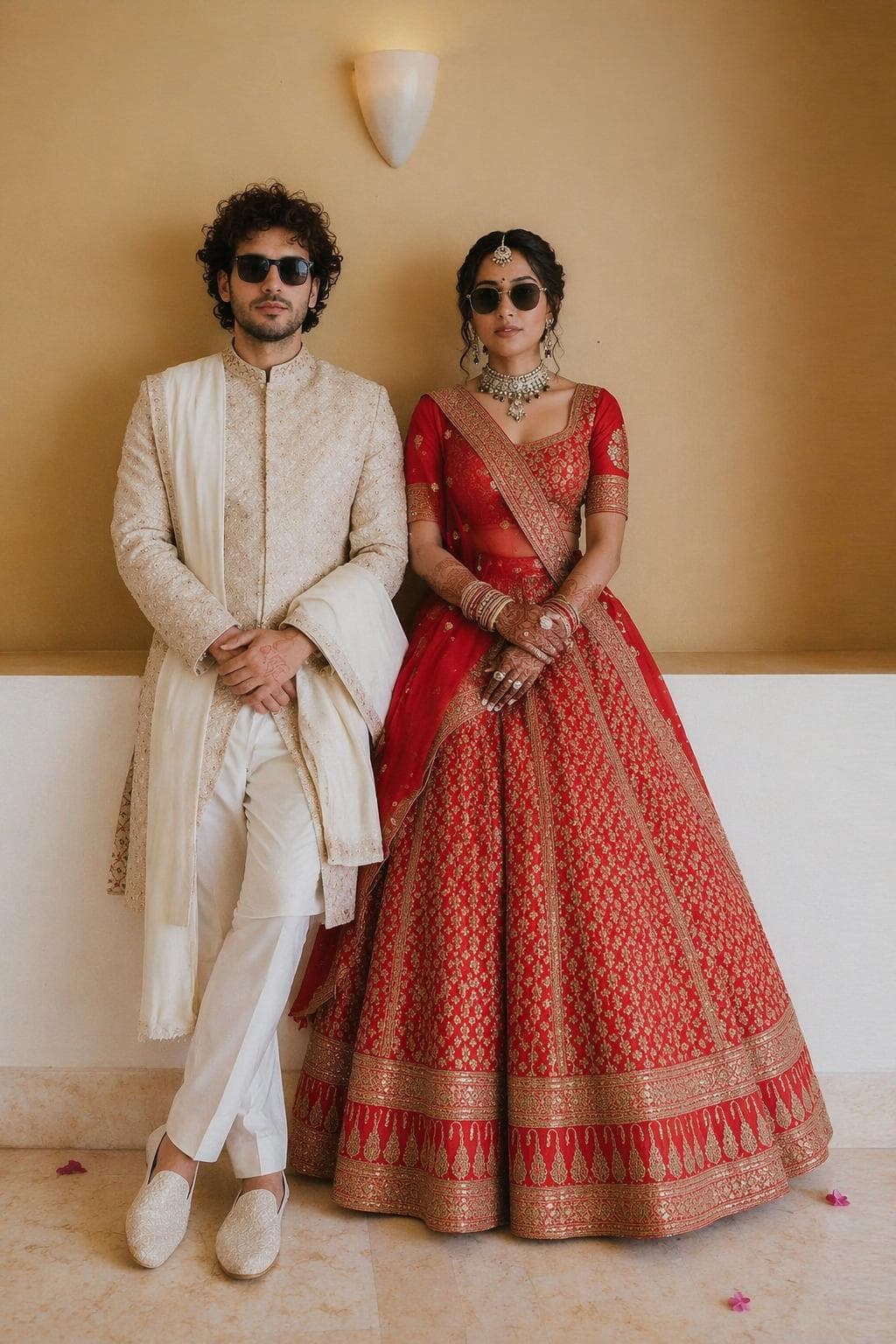 Chic couple in embellished red and ivory wear
