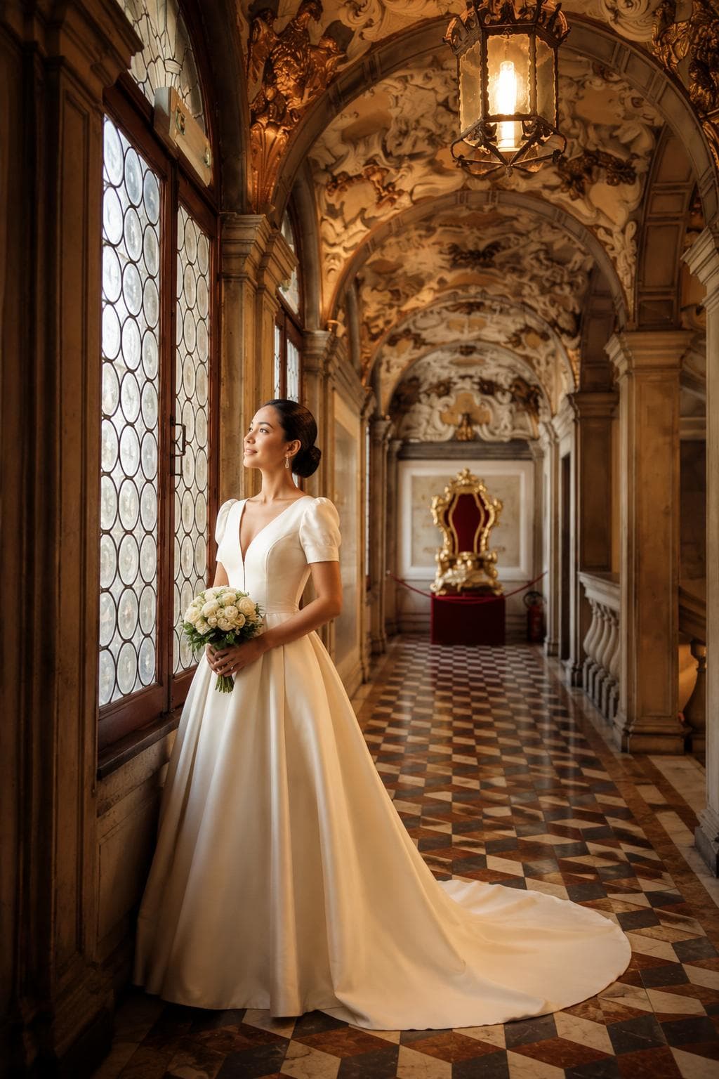 Palace hallway bridal portraits of a bride in a satin ballgown in a gilded corridor