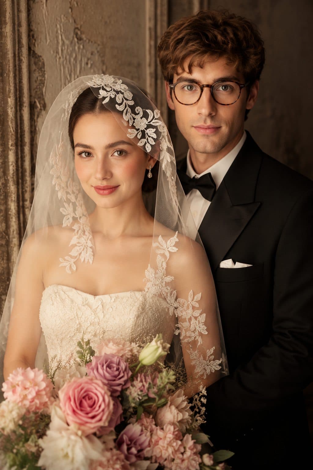 Soft lace veil, candlelight, and blush roses