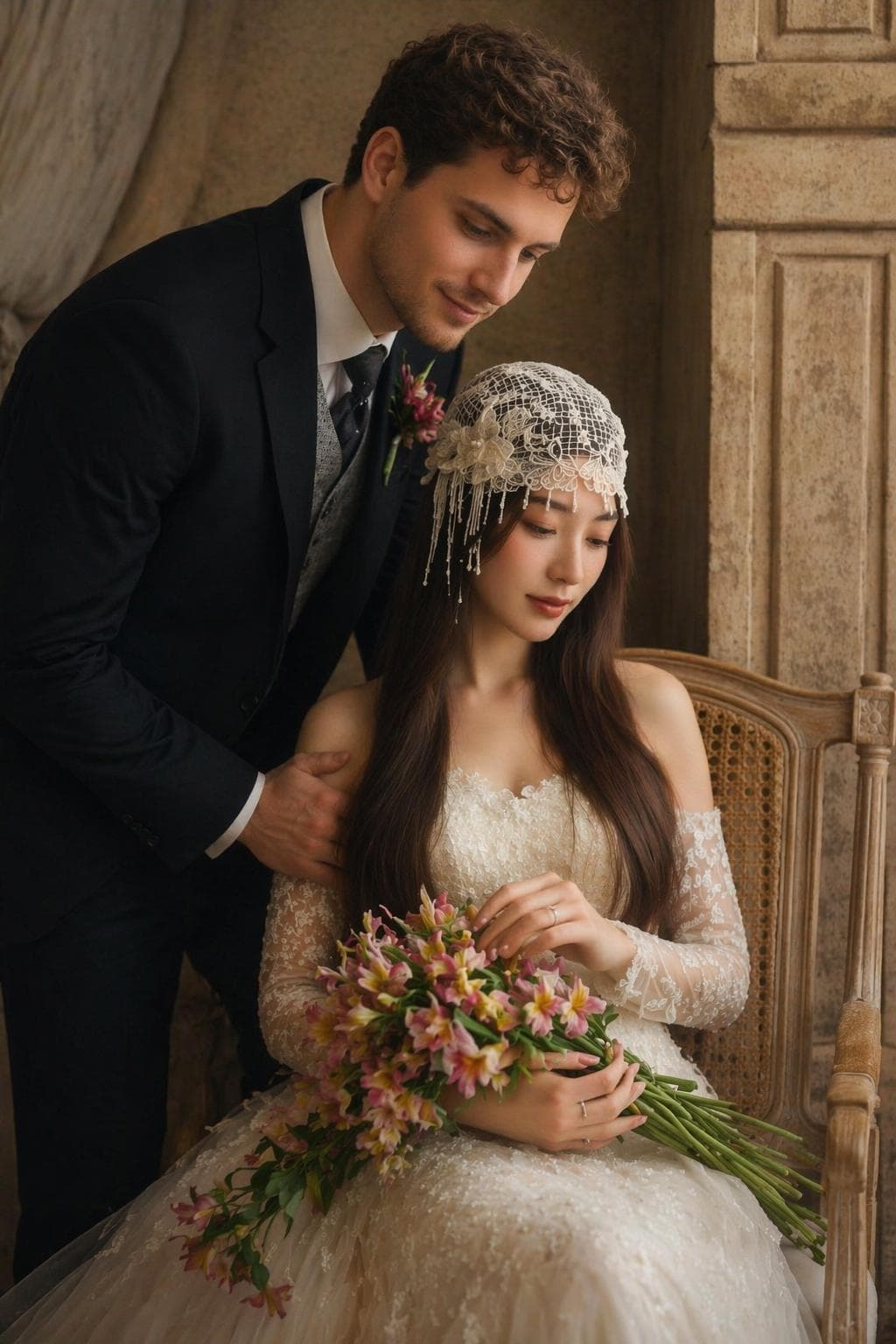 Art-deco headpiece and soft painterly light